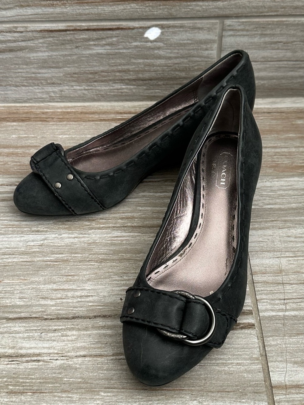 Coach Black Suede Buckle Heels